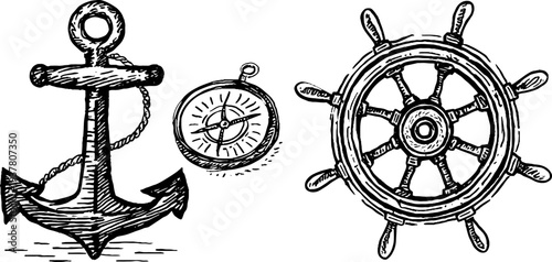 Nautical adventure sketch: anchor, compass, and ship wheel design for decor