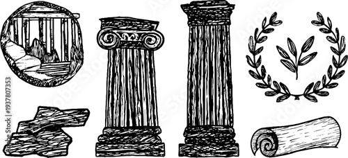 Vintage ancient columns, laurel wreath, and scroll sketch for design and decoration