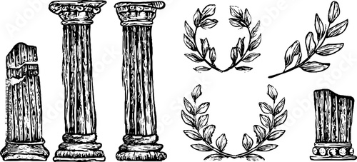 Ancient column and laurel wreath set for retro design and decoration