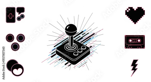 Retro Arcade Joystick and Gaming Icons.