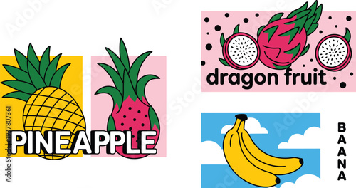 A colorful illustration of various fruits including pineapple and dragon fruit