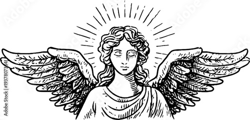Serene angel statue with feathered wings: hand-drawn vintage sketch for spiritual and artistic design