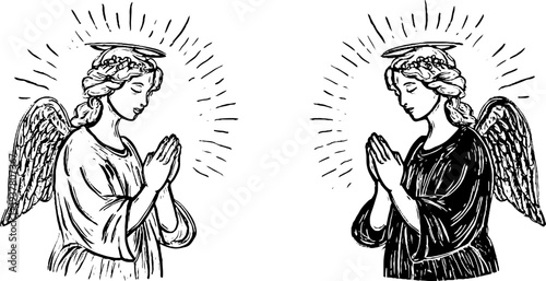 Vintage angel statues with halo rays and folded hands design for spiritual art