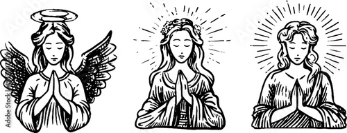 Serene angel statues with folded hands and radiant halo rays for spiritual artwork