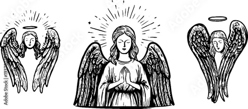 Vintage angel statues with feathered wings - hand drawn sketch set for design