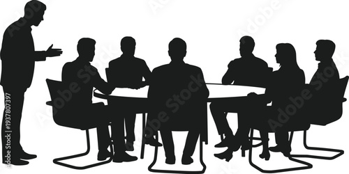 Business team meeting silhouette discussion, corporate office conference, leadership teamwork strategy planning collaboration, manager presentation boardroom people negotiation professional group
