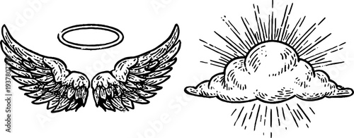 Angelic wings and halo with radiant cloud in vintage sketch for spiritual design