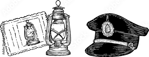 Vintage train memorabilia set with antique ticket punch, conductor cap, and lantern sketch