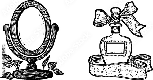 Vintage vanity mirror and ornate perfume bottle set - retro design for decoration or collectors