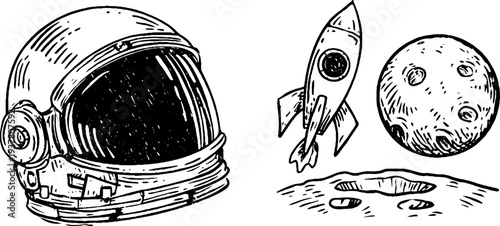 Vintage space exploration set with astronaut helmet, rocket, and lunar crater for retro design