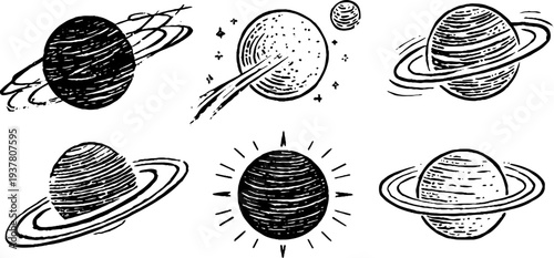 Celestial bodies and orbits: vintage astronomer globe and comet sketch set for design