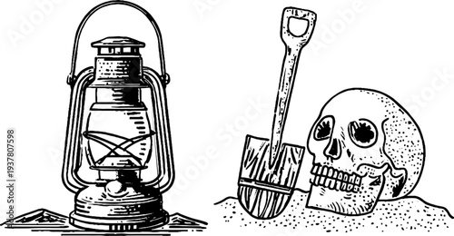 Archaeology tools and ancient skull sketch for historical exploration design