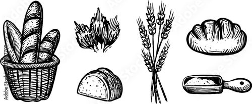 Rustic bakery bread basket and wheat stalks for vintage culinary design