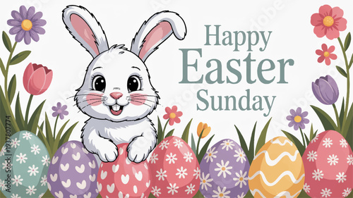 Happy easter sunday bunny with colorful eggs and flowers on white background