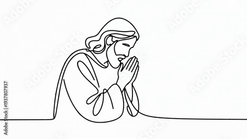Person praying with hands clasped in contemplation and hope simple line drawing
