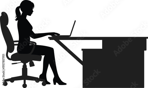 Businesswoman working on laptop at office desk, professional workplace productivity and remote work concept silhouette vector illustration