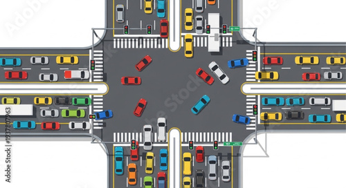 Busy City Intersection With Heavy Traffic Flow.