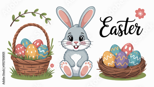 Happy easter bunny with colorful eggs in baskets springtime celebration