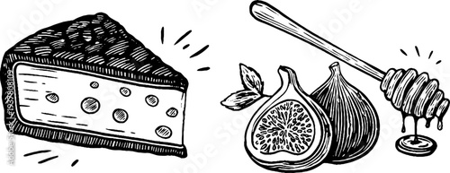 Vintage hand-drawn cheese wedge, fig slice, and honey spoon sketch for culinary design