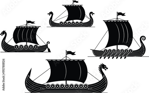 Set of Four Black Silhouette Vector Illustrations of Traditional Viking Longships with Dragon Heads Sails and Shields for Nordic Designs