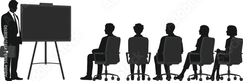 Corporate business presentation with manager explaining strategy on board to team, training seminar and meeting concept silhouette vector illustration