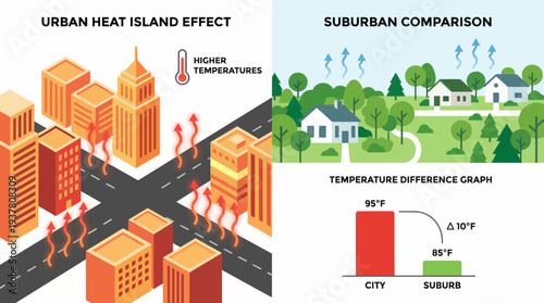 Illustration comparing the urban heat island effect in cities with cooler temperatures in suburban areas, including a temperature difference graph.