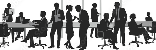 Corporate office teamwork scene with professionals discussing projects, business collaboration and communication concept, workplace meeting silhouette vector illustration