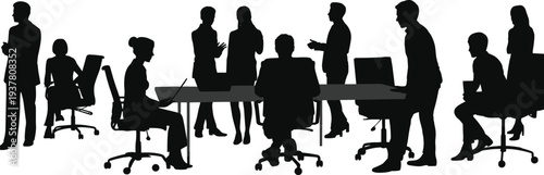 Corporate office team collaboration meeting scene, professionals discussing business strategy, workplace communication and leadership concept silhouette vector illustration
