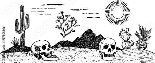 Desert landscape with skull, cacti, and blazing sun silhouette for vintage design projects