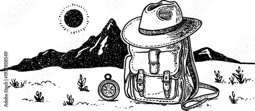 Vintage explorer gear with hat, leather satchel, and compass for adventure and exploration themes