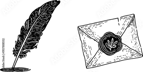 Vintage feather quill with wax seal envelope - retro botanical sketch for elegant correspondence design