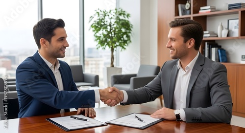 Two smiling businessmen shaking hands in a modern office setting.