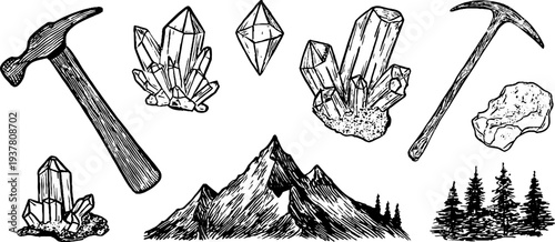 Geological tools and crystal cluster sketch with mountain and rock hammer illustration