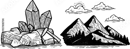 Geologist tools and mountain landscape sketch with rock hammer and crystal cluster for design