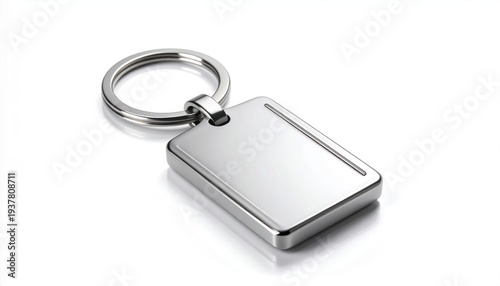 Shiny metal keychain with rectangular tag on white background.