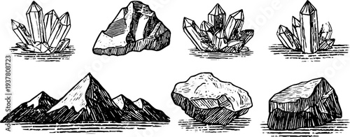 Vintage hand drawn geologist set with crystal clusters, rock hammer, and mountain scenes