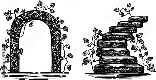 Gothic arch doorway and stone steps with climbing ivy - vintage hand-drawn sketch