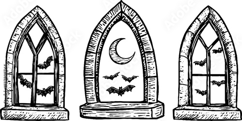 Gothic arch windows with bats and crescent moon silhouettes - perfect for halloween decor and design
