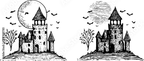 Gothic castle tower with flying bats and full moon silhouette illustration for halloween decor