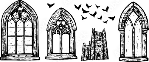 Gothic cathedral architecture sketch set with stained glass windows and flying birds