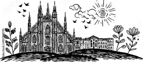 Gothic cathedral facade with flying birds and intricate designs for architectural posters