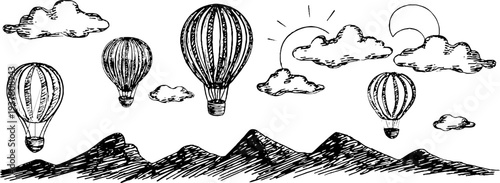 Vintage hot air balloons and distant mountains with clouds sketch for retro designs