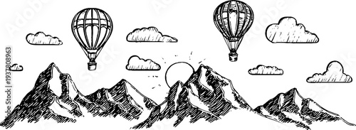Vintage hot air balloon adventure over mountain peaks in hand drawn style