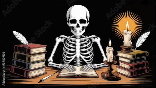 Skeleton studying with books and quill pens under candlelight on wooden desk with dark background
