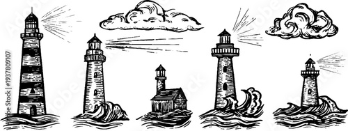 Vintage lighthouse and storm clouds sketch collection for nautical design