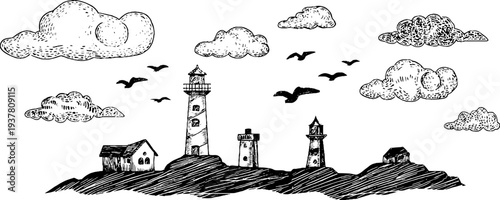 Coastal lighthouse scene with storm clouds and flying seagulls - engraved art for nautical decor