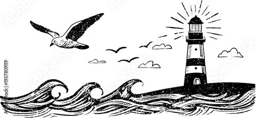 Vintage lighthouse with crashing waves and seagull silhouette for nautical design