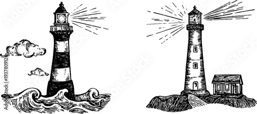 Vintage lighthouse sketch collection with radiating lantern beams for nautical design