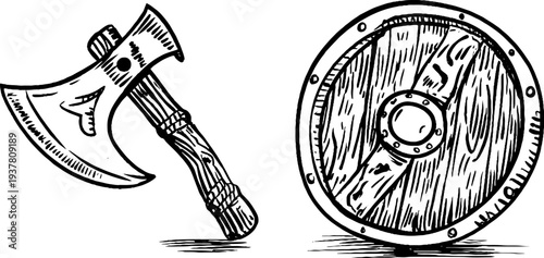 Medieval battle axe and shield emblem - vintage hand drawn design for historical themes