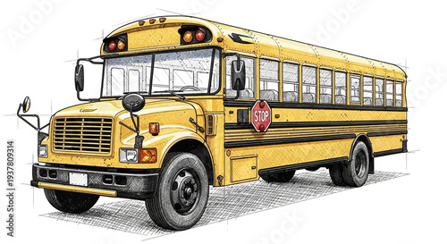 Yellow school bus sketch with stop sign